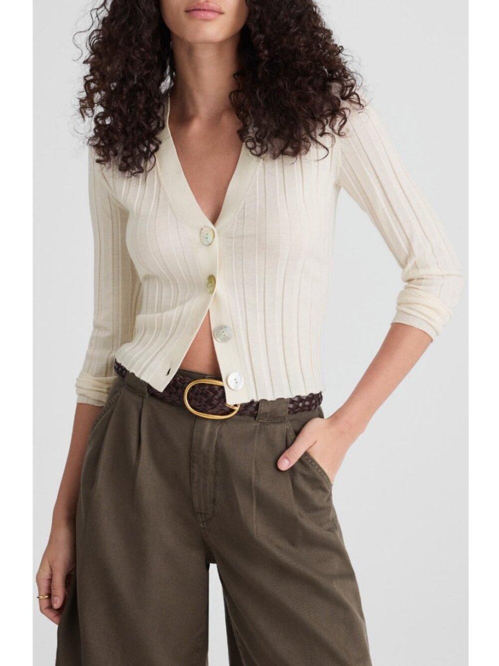 Madewell Rib V-Neck Merino Wool Silk Cardigan | Ivory | Medium